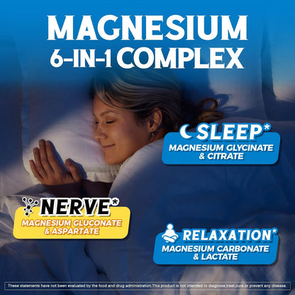 Vitalibre 6 in 1 Magnesium Complex for Women Men, 260mg Elemental Magnesium | Max Absorption | Chelated Magnesium Supplement for Bone, Relaxation & Nerves Support | Non-GMO, 120 Vegan Capsules