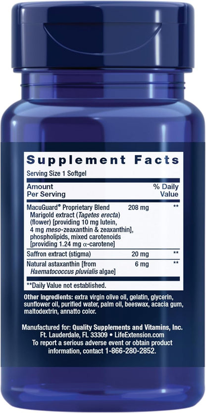 Life Extension MacuGuard Ocular Support with Saffron & Astaxanthin – Eye Health Supplement for Healthy Vision – with Lutein, zeaxanthin, Meso-zeaxanthin – Gluten-Free, Non-GMO – 60 softgels | For Eye Health, Healthy Vision with Lutein, Zeaxanthin, Meso-Ze
