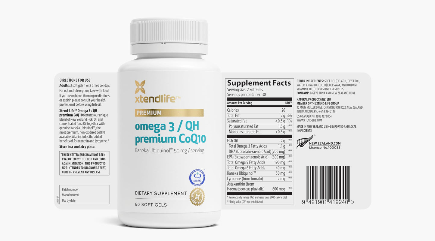 Xtendlife Omega 3 QH Fish Oil + CoQ10 for Heart, Brain, Joint & Skin-1100mg Omega - 3 with DHA, EPA, Ubiquinol, Astaxanthin & Lycopene - 1 Month Supply (60 Count)