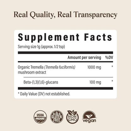 Real Mushrooms Tremella Mushroom Powder – Organic Tremella Extract from Fruiting Body – for Daily Wellness Routine – Vegan, Non-GMO, No Fillers – 150 Servings Mushroom Blend Supplements