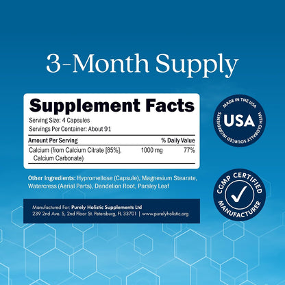 Calcium Citrate 1000mg, Bone & Teeth Support, Dr-Formulated | High-Absorption Cal Complex, Third-Party Tested, 3 Month Supply, Calcium Supplements for Women & Men, 365 Capsules