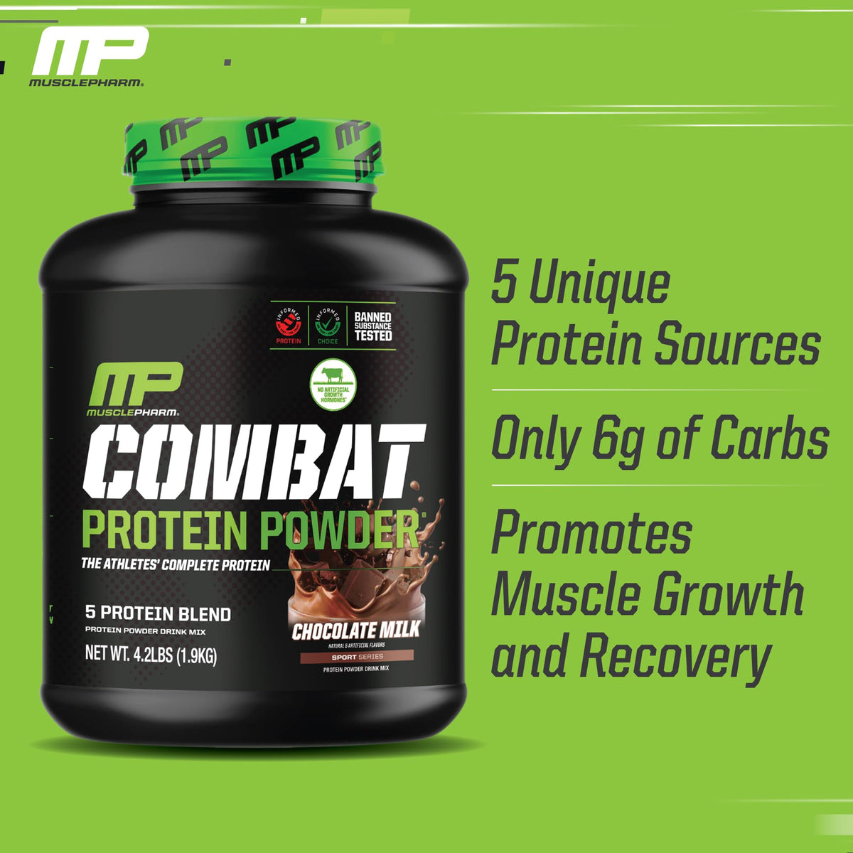 MusclePharm Combat Protein Powder, Chocolate Milk - 4 lb - Gluten Free - 52 Servings