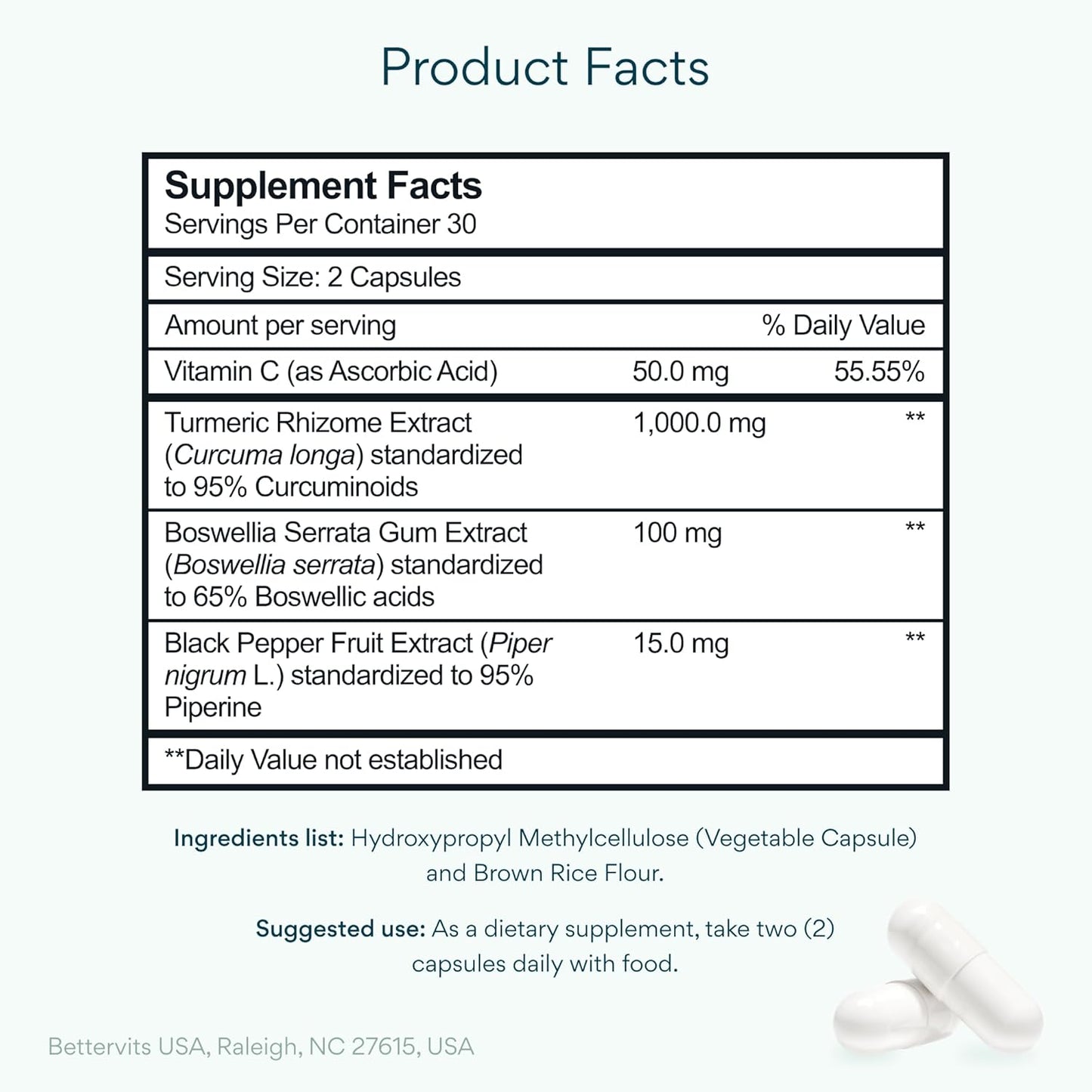 Bettervits Turmeric Curcumin Supplement with Black Pepper and Boswellia Serrata | Organic 1000mg Turmeric Supplement for Enhanced Absorption and Vitamin C | Joint Support - Non-GMO | 60 Vegan Capsules