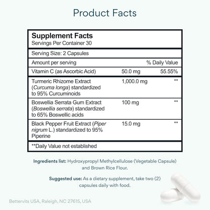 Bettervits Turmeric Curcumin Supplement with Black Pepper and Boswellia Serrata | Organic 1000mg Turmeric Supplement for Enhanced Absorption and Vitamin C | Joint Support - Non-GMO | 60 Vegan Capsules