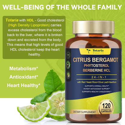 Citrus Bergamot Supplement for High Cholesterol - Italian Citrus Bergamot & Plant Sterols Stanols Natural Way to Balance Cholesterol Level, Vegan, Non-GMO, 120 Counts