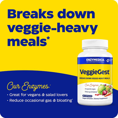 Enzymedica VeggieGest - Digestive Enzyme Supplement for Women & Men, Enzymes for Digestion & Gut Health Support, Support for Vegetarian/Vegan Diets, Helps Gas & Bloating, Gluten Free - 90 Caps