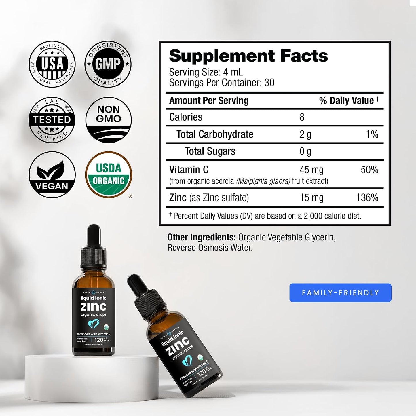 NutraChamps Liquid Zinc for Kids & Adults, Vegan, Pure Ionic Zinc Drops Enhanced with Vitamin C, Supplements for Immune Support, Sugar-Free Liquid 4 oz