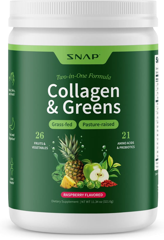 Snap Supplements Super Greens Powder with Collagen Peptides, 11.34 oz | 26 Fruits and Vegetables, Grass Fed, Non-GMO Daily Greens for Hair, Skin, Nails & Joint Support, 30 Servings, 1 Month Supply
