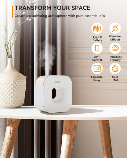 MEIDI Waterless Essential Oil Diffuser - Bluetooth Cordless Aromatherapy Diffuser with App Control