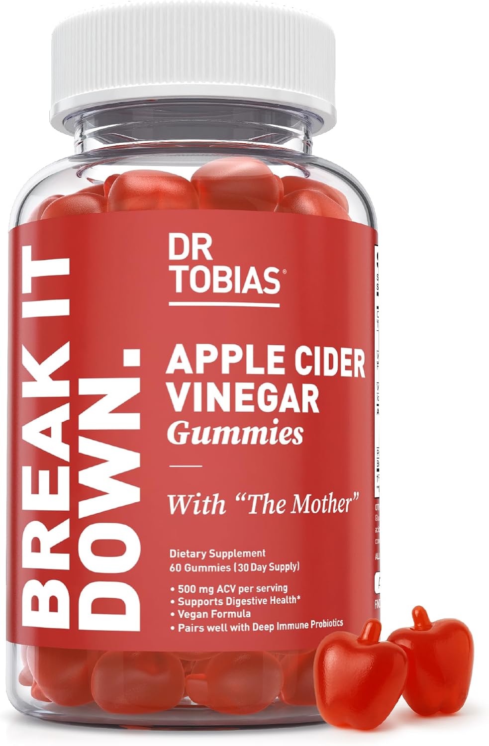 Dr. Tobias Apple Cider Vinegar Gummies with The Mother 60 Count | Digestive & Daily Wellness Support | 500 mg ACV | Folate + B6 + B12 + Iodine | Vegan | 30 Servings