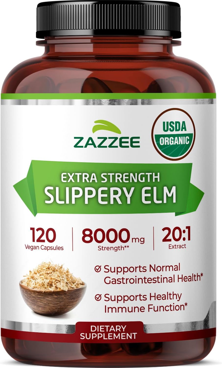 Zazzee USDA Organic Slippery Elm Bark 20:1 Extract, 120 Vegan Capsules, 4 Month Supply, Ulmus Rubra, Digestive, Throat & Mucosal Support, Herbal Supplement, All-Natural, Non-GMO, Made in the USA