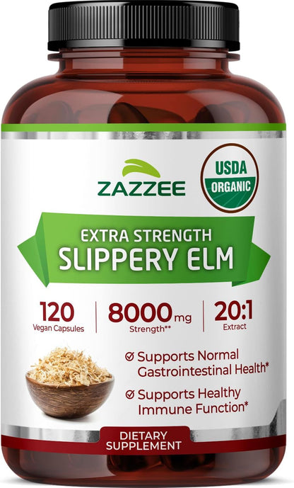 Zazzee USDA Organic Slippery Elm Bark 20:1 Extract, 120 Vegan Capsules, 4 Month Supply, Ulmus Rubra, Digestive, Throat & Mucosal Support, Herbal Supplement, All-Natural, Non-GMO, Made in the USA