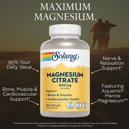 SOLARAY Magnesium Citrate 400mg - Magnesium Supplement - Bone Health, Muscle, Relaxation and Heart Health Support - Vegan, Gluten Free - 60 Servings, 180 VegCaps