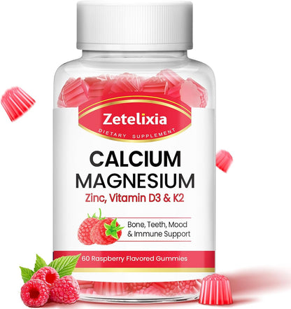 Calcium Magnesium Zinc Gummies with Vitamin D3 & K2, Calcium Gummies for Muscles, Women & Men, Raspberry Flavor - 60 Count