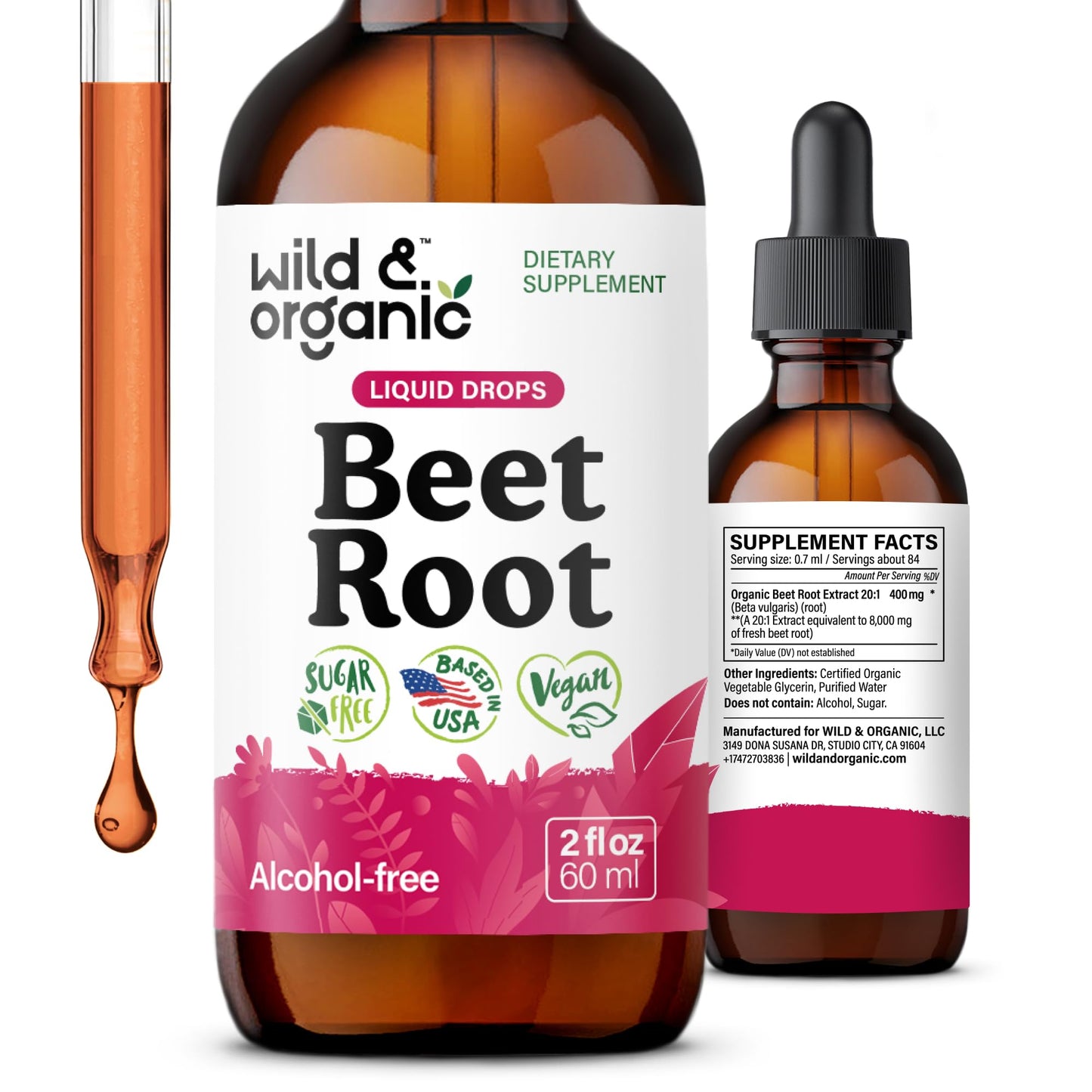 Wild & Organic Beet Root Extract Drops - Energy Support - Liquid Red Beets Supplements - 400 mg per Serving - Mix with Powder - Vegan, Sugar & Alcohol - 4 fl oz