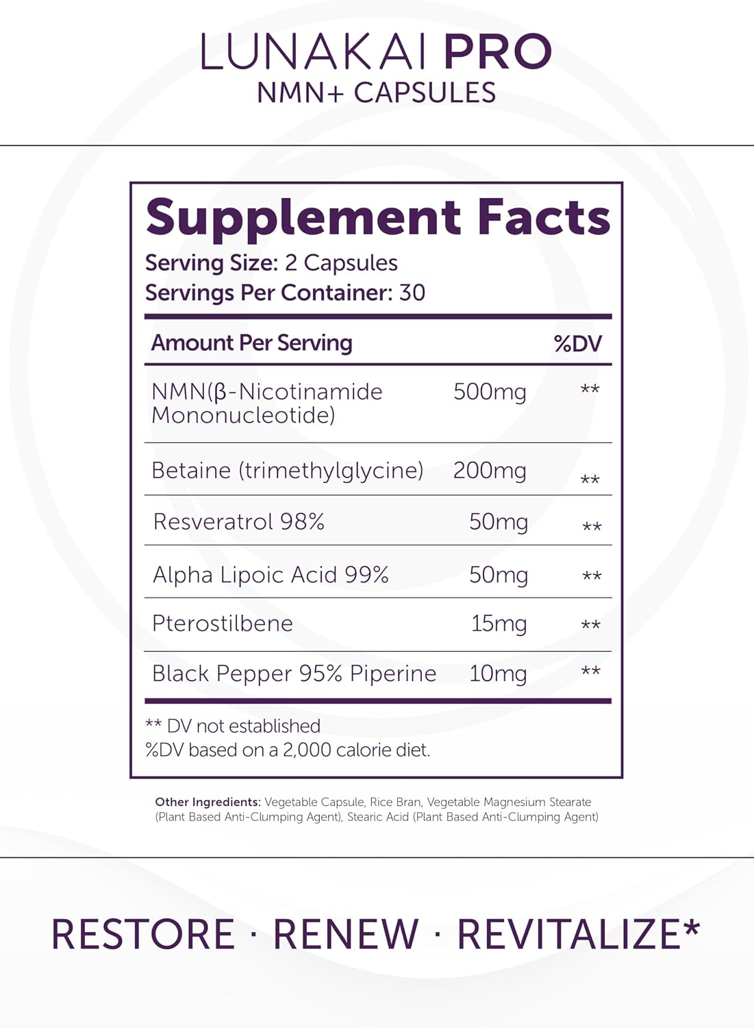 Lunakai USA Made NMN Supplement 500mg - NAD+ Support with Resveratrol 98%, TMG & Pterostilbene - Nicotinamide Mononucleotide for Daily Cellular Energy & Healthy Aging - 60 Vegan Capsules