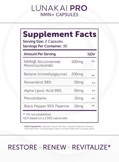 Lunakai USA Made NMN Supplement 500mg - NAD+ Support with Resveratrol 98%, TMG & Pterostilbene - Nicotinamide Mononucleotide for Daily Cellular Energy & Healthy Aging - 60 Vegan Capsules