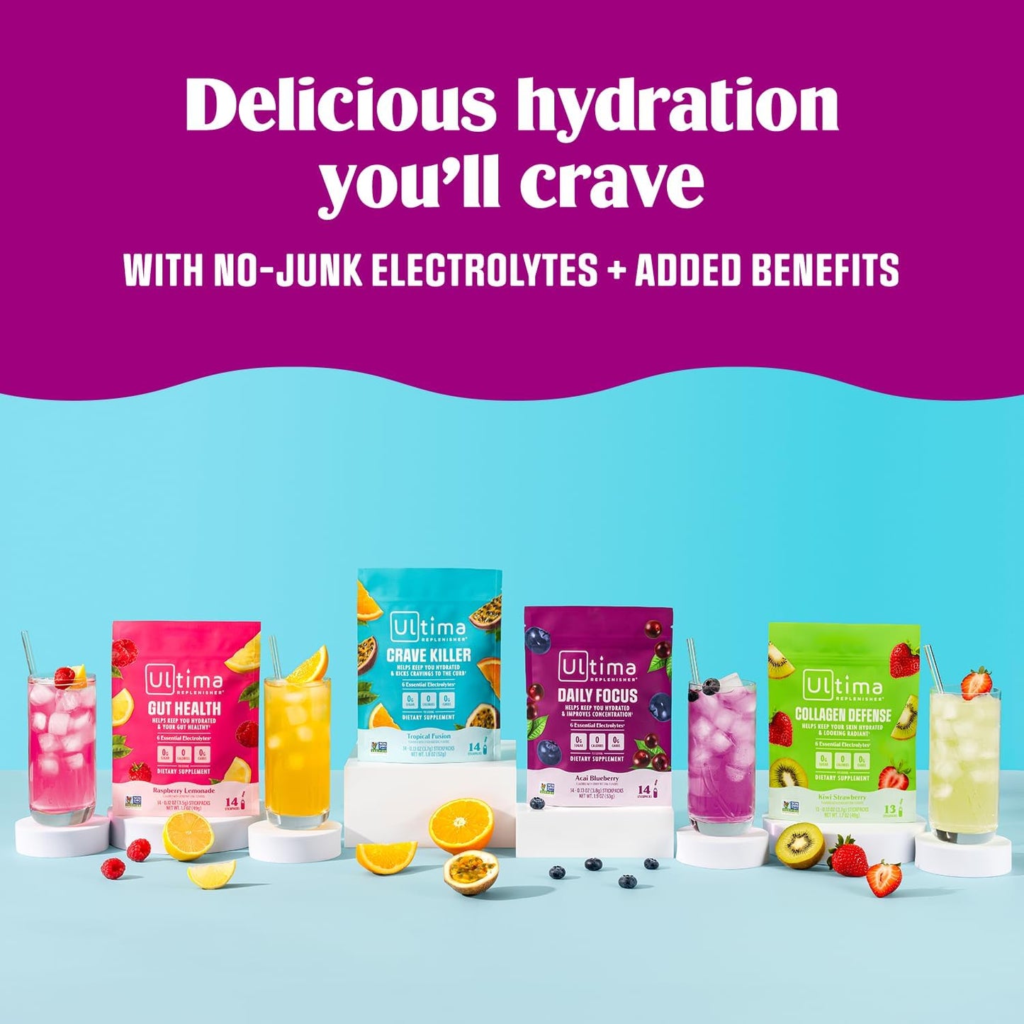 Ultima Replenisher Electrolyte Powder Drink Mix Bundle – Sugar Free – Crave Killer and Gut Health, 14 Stickpacks – 6 Electrolytes and Minerals – Keto Friendly, Vegan, Non-GMO