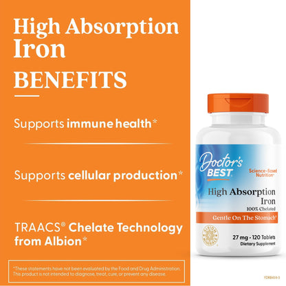 Doctor's Best High Absorption Iron Tablet with Ferrochel, Gentle on The Stomach, Immune Health, Blood Health, 27 mg