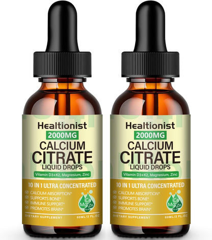 2 Packs 2000mg Calcium Citrate with Vitamin D3 K2 Supplements Liquid Drops for Women & Men, Magnesium, Zinc, High Absorption, Bone, Teeth, Muscle & Immune Support, 4 Fl oz