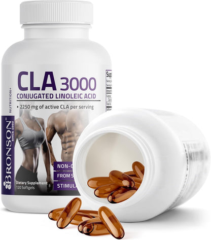 Bronson CLA 3000 Extra High Potency Supports Healthy Weight Management Lean Muscle Mass Non-Stimulating Conjugated Linoleic Acid 120 Softgels | 2250 mg Active CLA per Serving, Non-Stimulating, 100% Safflower Oil, Lean Body Mass Support, Non-GMO