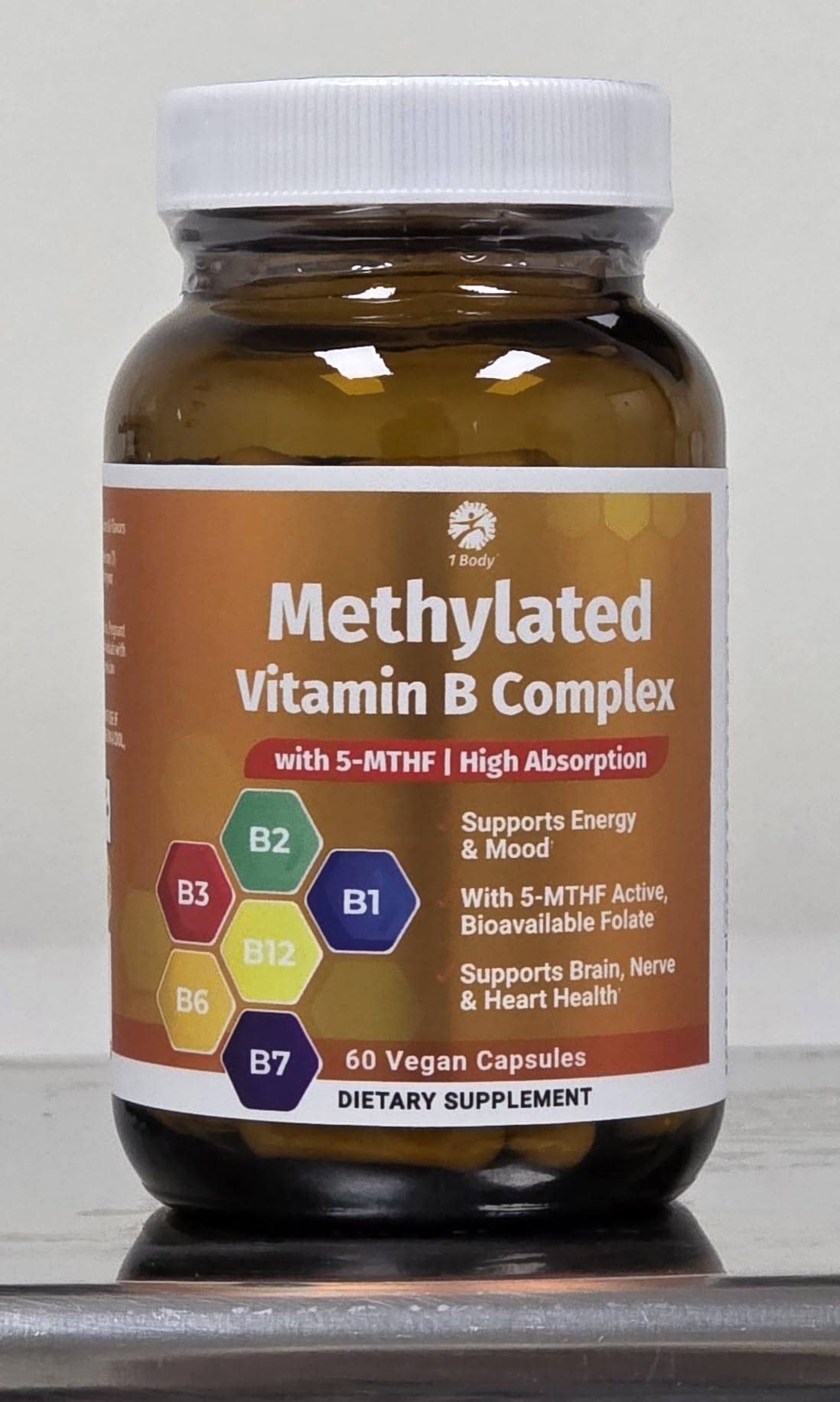 1 Body Methylated Vitamin B Complex, 5-MTHF & Methyl B12, 60 Capsules