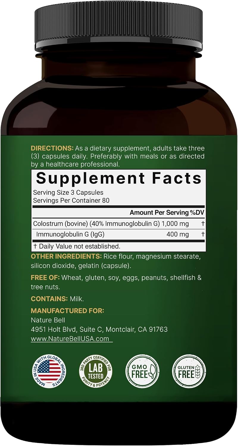 NatureBell Bovine Colostrum Supplement 1,000mg Per Serving, 240 Capsules | 40% IgG Colostrum Powder for Gut Health, Bloating, Skin, Hair & Immune Support – Non-GMO