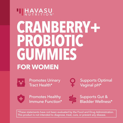 Cranberry Probiotic Gummies, Cran-Raspberry, 60ct, Bladder Support | Probiotic Cranberry Gummies for Women, Urinary Tract Health & pH Balance, 1 Billion CFU of Lactobacillus, Vaginal Wellness