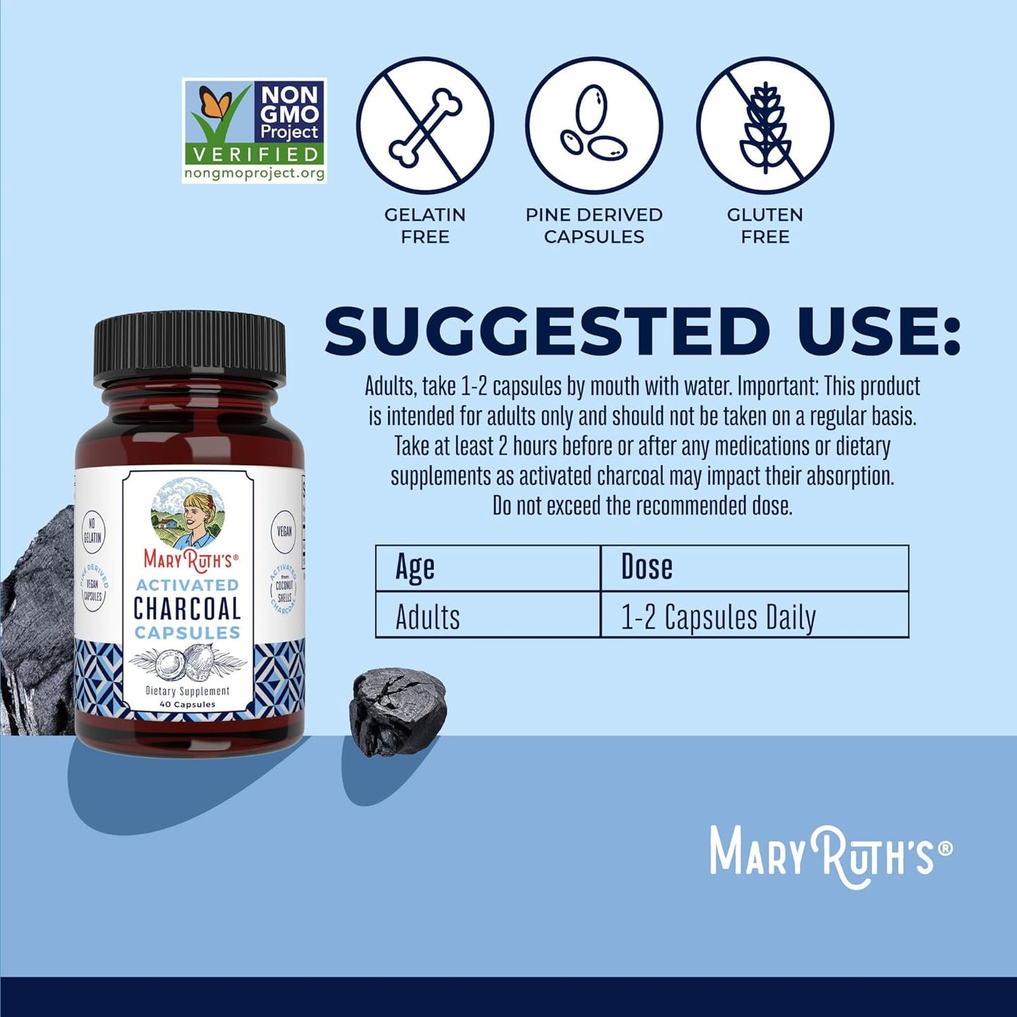 MARYRUTH'S Activated Charcoal Capsules 950 mg Activated Charcoal | Substance Adsorption | Derived from Coconut Shells | Vegan Capsules from Pine Trees | Non-GMO | Gluten Free | 40 Count