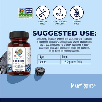 MARYRUTH'S Activated Charcoal Capsules 950 mg Activated Charcoal | Substance Adsorption | Derived from Coconut Shells | Vegan Capsules from Pine Trees | Non-GMO | Gluten Free | 40 Count