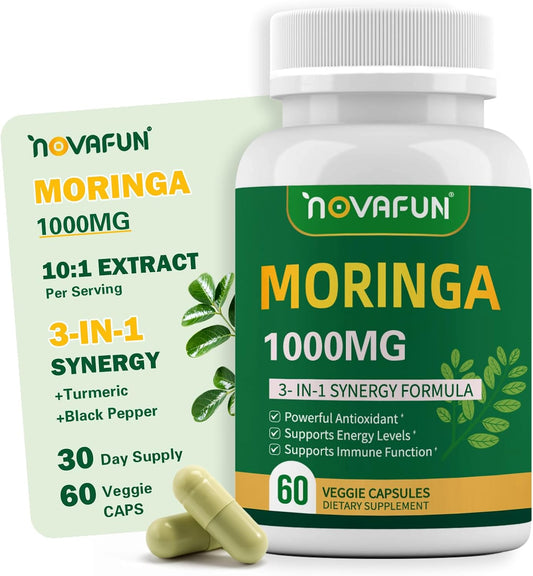 Organic Moringa Capsules 1000mg, 10:1 Leaf Extract Supplement with Turmeric & Black Pepper for Energy, Antioxidant, Immune Support, Vegan, 60 Capsules