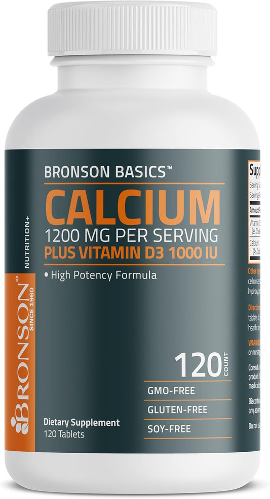 Bronson Calcium 1200 mg + Vitamin D3 1000 IU for Bone Health, 120 Tablets | High Potency Formula, Non-GMO, Gluten-Free & Soy-Free