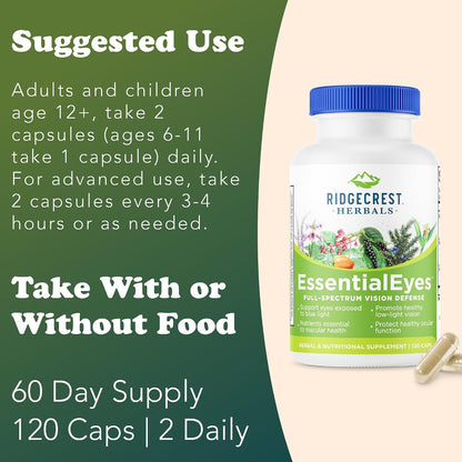 RidgeCrest Herbals EssentialEyes Eye Vitamins for Vision Support 120 Ct | 30 Servings, Lutein, Zeaxanthin, Bilberry Extract, Natural Ocular Health Formula, Vegan Capsules, Daily Use