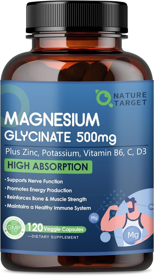 NATURE TARGET Magnesium Glycinate 500 mg with Zinc, 120 Vegan Capsules | Chelated, Non-Buffered Magnesium With Vitamin D3 & B6 For Muscle, Nerve, Bone, Heart And Immune Support, Non-Gmo, Gluten-Free