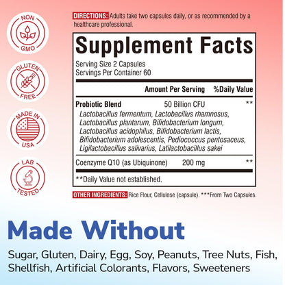 Vitalibre CoQ10 200 mg, with Probiotics for Women & Men, 50 Billion CFU, High Absorption Ubiquinone, Heart & Gut Energy Support, Powerful Antioxidant, Easy to Swallow, 60 Vegan Capsules