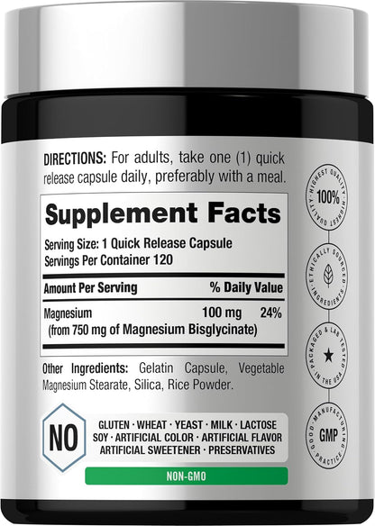 Horbäach Magnesium Bisglycinate | 120 Capsules | 750mg | Non-GMO and Gluten Free Supplement