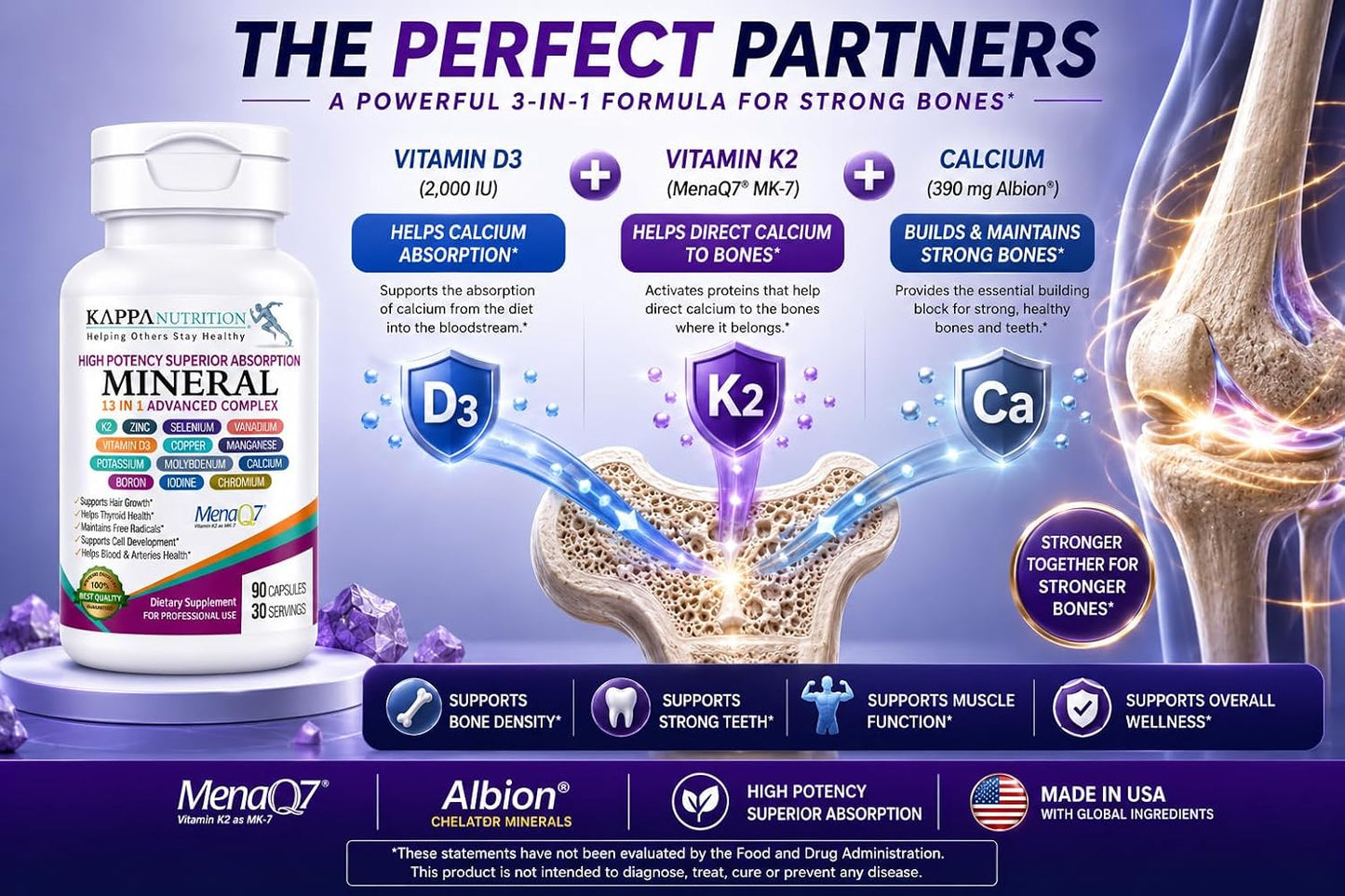 KAPPA NUTRITION Mineral 13 in 1 Advanced Complex with Albion® Chelated Minerals & MenaQ7® MK-7 Vitamin K2 | Calcium, Zinc, Selenium, Chromium, Iodine & Trace Minerals | 90 Vegan Capsules