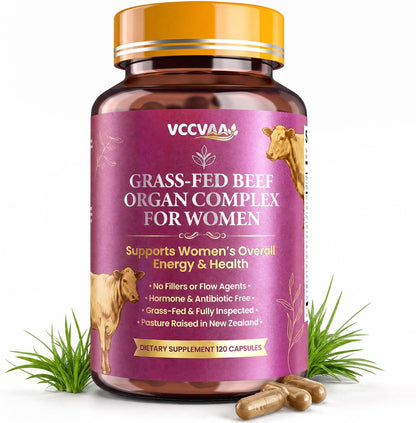 Grass Fed Beef Organ Supplement for Women – New Zealand Bovine Liver Support Supplement, Heart & Kidney – High Potency B12, B6 & Folate Energy Supplements, Fluid Balance & Bloating Relief,120ct