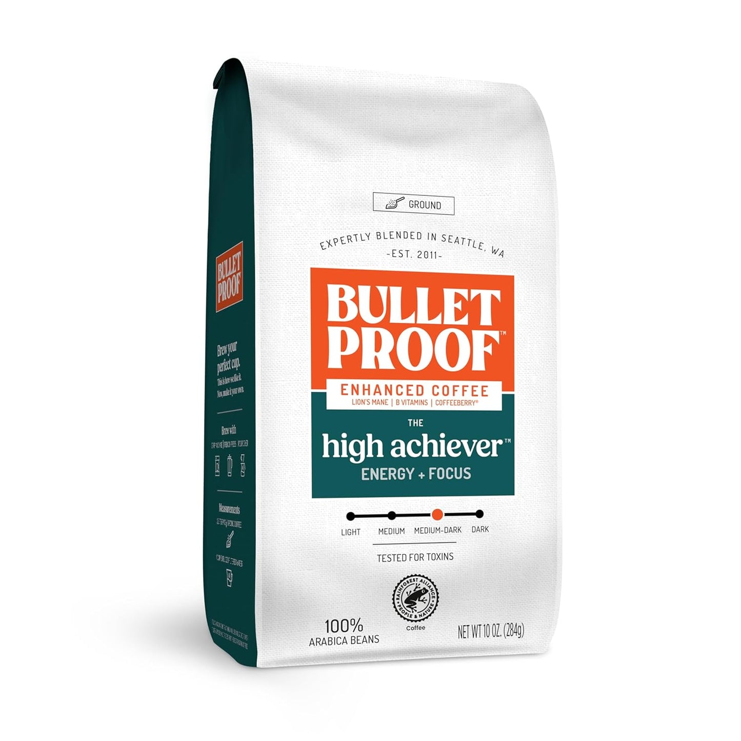 Bulletproof The High Achiever Ground Mushroom Coffee, 10oz, High Caffeine with Lion's Mane, B Vitamins and Adaptogens for Energy & Focus, Medium-Dark Roast and The Enlightener Ground Coffee, 10 Ounce