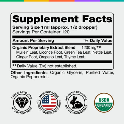 Mullein Drops for Lungs - USDA Organic Mullein Leaf Extract Supplement, 2oz | Supports Respiratory & Immune Health, Mucus Comfort*
