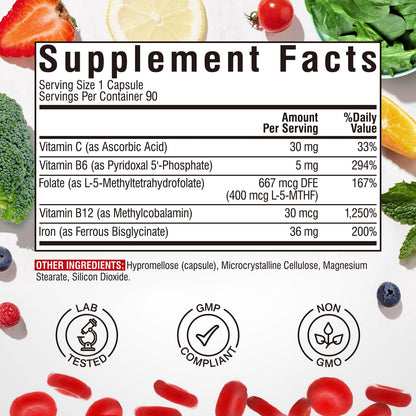 Iron Supplement for Women & Men, with Vitamins C, B6, B12 & Folate | for Iron Deficiency, Blood Building & Energy Support, Stomach Friendly, Better Absorption, Non-GMO, No Gluten, 60 Vegan Caps