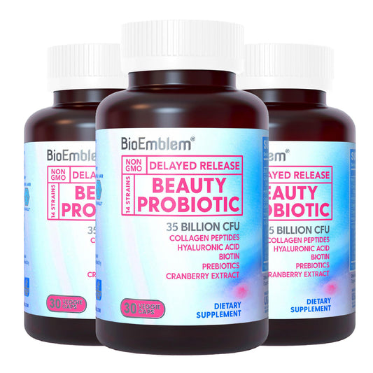 BioEmblem Beauty Probiotics for Women, 35 Billion CFU 14 Strains with Biotin, Collagen, Prebiotics for Digestive Health, Hair Skin and Nails, Vaginal Probiotics Supplement, Shelf Stable, 30 Caps
