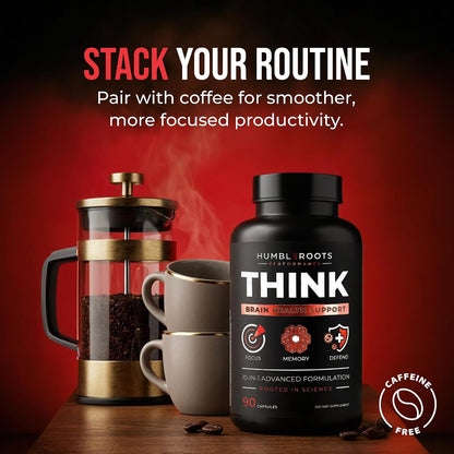 All-Natural Brain Supplement for Memory and Focus - Caffeine-Free Long-Term Cognitive Support - 10 Nootropic Ingredients Including Lion’s Mane, Bacopa, Turmeric, Ginkgo & Huperzine A - 90 Capsules