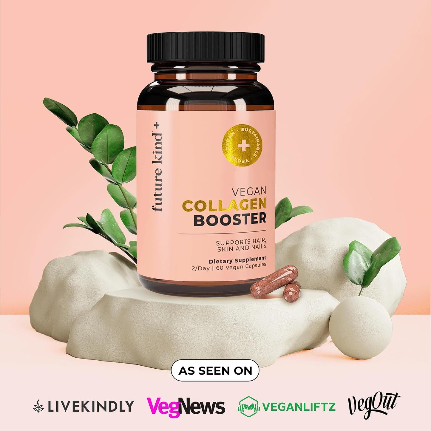 Future Kind Vegan Collagen - Supports Collagen Production with Biotin and Vitamin C (60 Capsules in Glass Bottle)