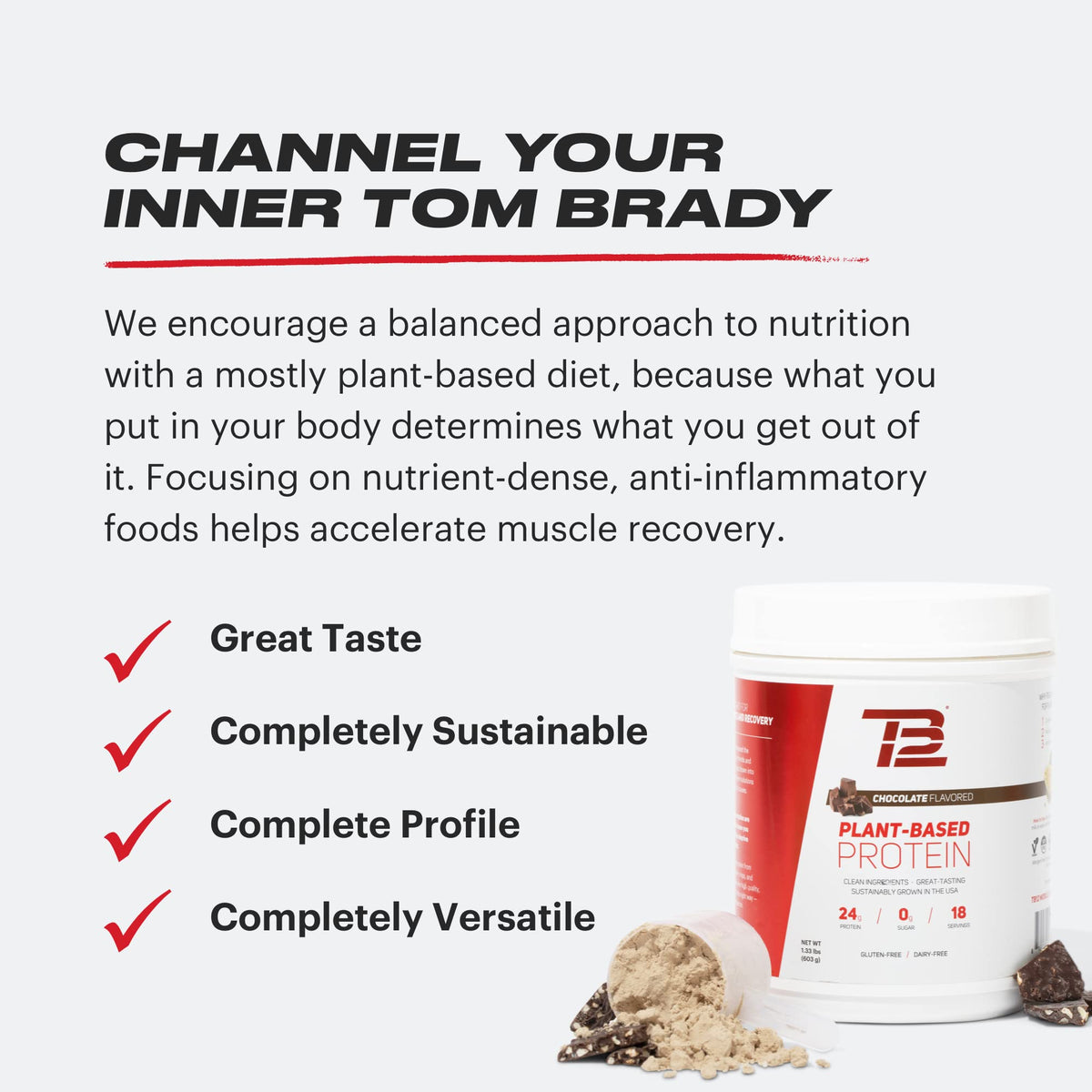 TB12 Plant Based Protein Powder by Tom Brady, 24g of Vegan Pea Protein, Low Sugar