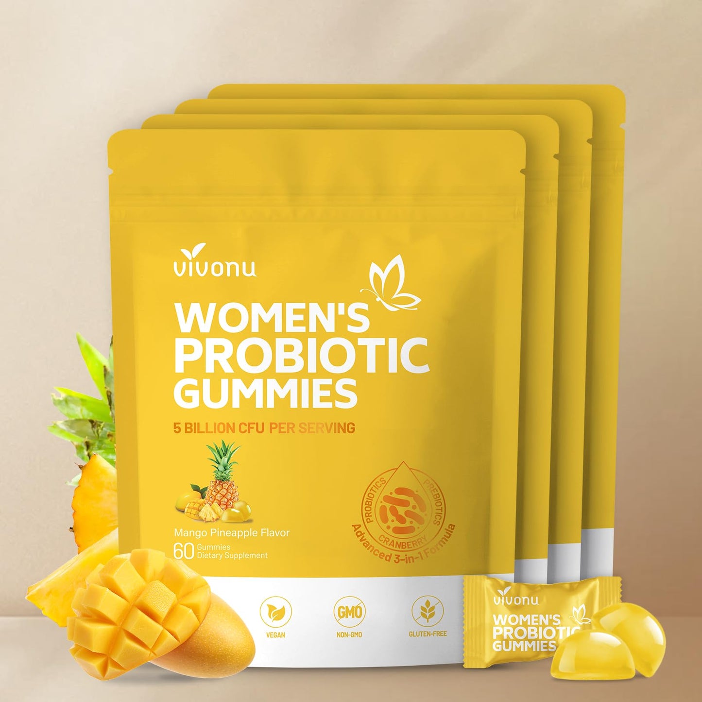 VivoNu Pineapple Gummies for Women Ph, Women Probiotic Gummies, Feminine Balance Gummy, Mango Pineapple Viginal Probiotics for Woman Vaginigal Health, Yeast Ph Balance