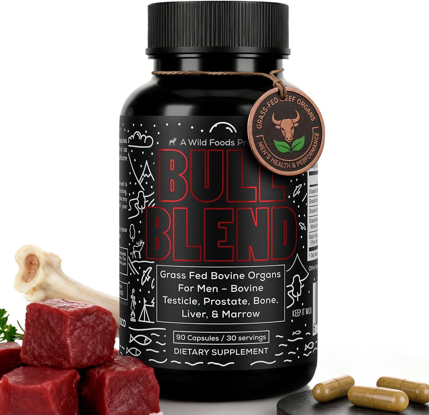 Wild Grass Fed Beef Organ Supplement for Men - Complete Ancestral Nutrition Complex with Beef Liver, Testicle, Prostate & Bone Matrix - Organ Meat Supplements - 30 Day Supply