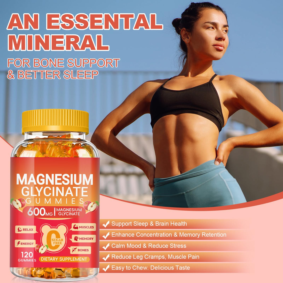 Magnesium Glycinate Gummies 600mg, Sugar Free Magnesium Gummies for Adults