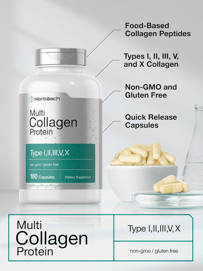 Horbäach Multi Collagen Protein 2000 mg | 180 Capsules | Type I, II, III, V, X | Keto & Paleo Friendly | Non-GMO, Gluten Free Supplement
