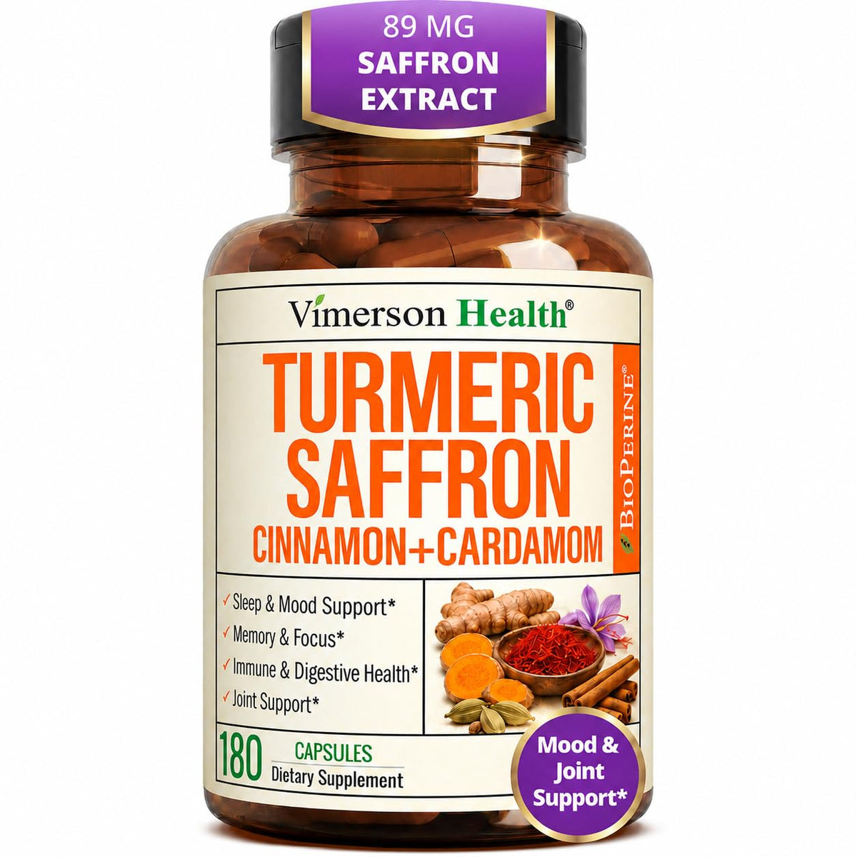 Saffron Supplements w/Saffron Extract 89mg + 1000mg Turmeric Curcumin 60Ct
